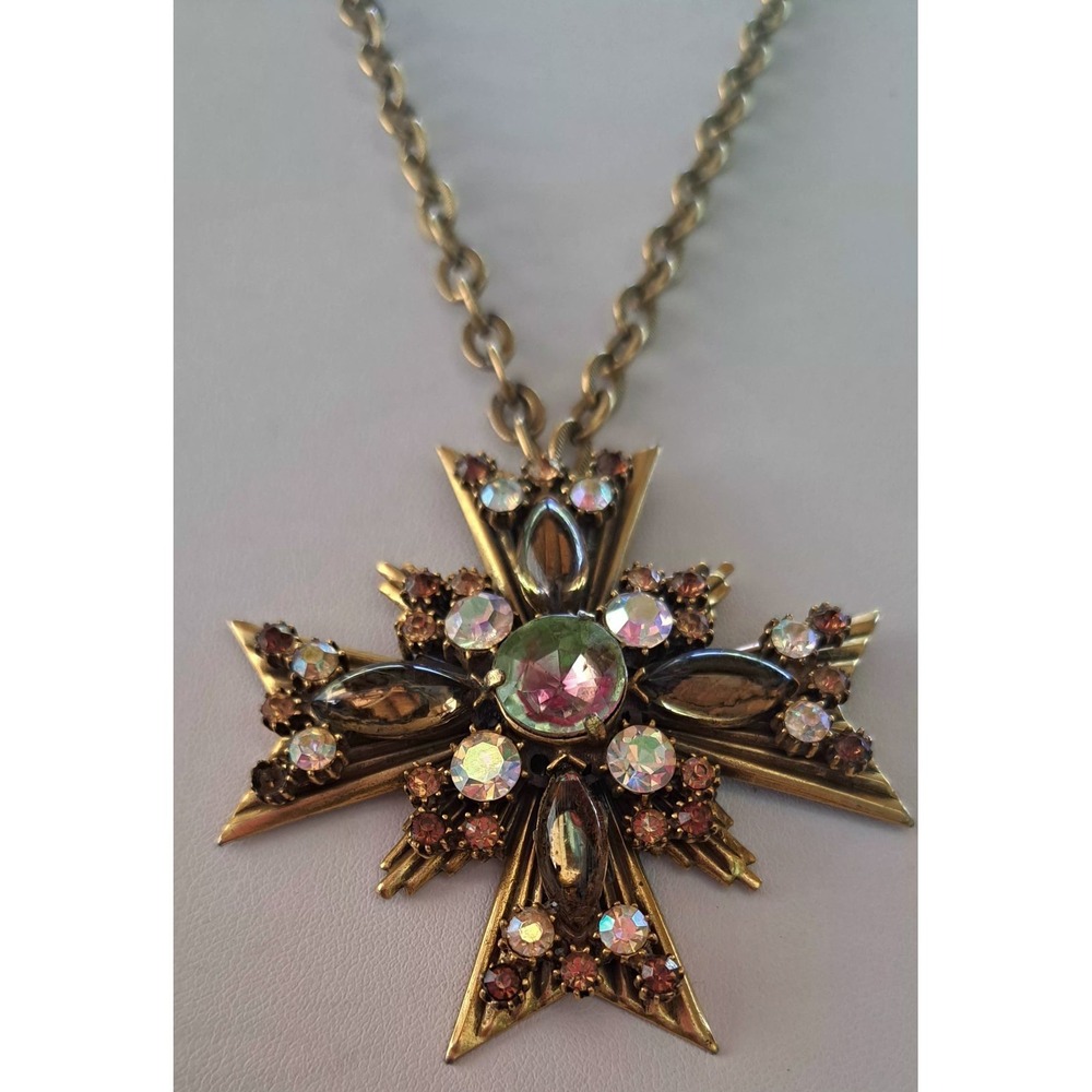 Florenza Maltese Cross Necklace 18"  Watermelon Rhinestone - Picture 4 of 10
